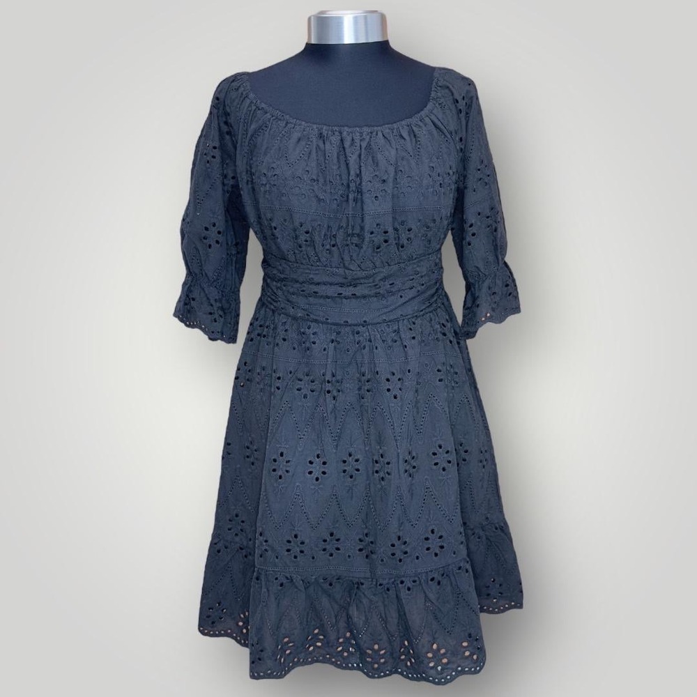 Pretty Garden Eyelet Black Dress Smocked Waist Ruffle Hem 3/4 Sleeve Womens sz S